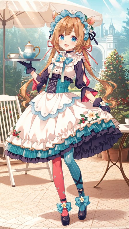standing, contrapposto, full body, 
smile, open mouth, holding teaset on metal tray,
<lora:niji-eli:1> nijieli,small breasts,blue eyes,brown hair,animal ears,deer ears,long hair,low twintails,red ribbon,, nijielicos,white shirt,frilled shirt,blue bowtie,black sleeves,puffy sleeves,corset,white skirt,frilled skirt,layered skirt,long skirt,white flower,asymmetrical pantyhose,two-tone pantyhose,split-color pantyhose,blue and red pantyhose,headdress,black gloves,,
palace garden, outdoor, day time, sunny day,  light rays, garden table, garden chair,, <lora:illustriousXLv01_stabilizer_v1.164:0.4>
 <lora:add-detail-xl:1.5> <lora:Detail-Enhancer-v1.0:1>, masterpiece,best quality,amazing quality,
 detailed, high_detail, high resolution, 4K,HDR,high detailed, ultra detailed, high res, amazing quality,very aesthetic, absurdres absolutely resolution, newest, texture,  elaborate background,