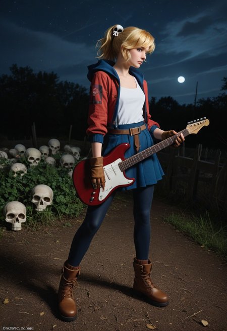 score_9, score_8_up, score_8, 1girl, electric guitar, holding guitar, field of view, dynamic pose, dynamic angle, detailed backgrounding , standing in crypt, dark crypt, nighttime, moonlight, 
rift cadence, rift cadence, solo, skirt, blonde hair, shirt, hair ornament (skull), gloves, green eyes, jacket, suspenders, ponytail, pantyhose, boots, open clothes, belt, hood, fingerless gloves, open jacket, blue skirt, brown footwear, red jacket, brown gloves, (masterpiece, detailed:1.2), Dark Fantasy page