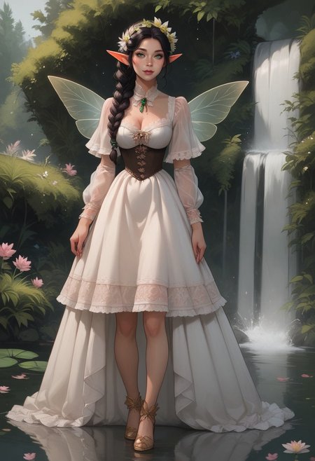 safe_pos, Expressiveh, score_9, score_8_up, score_7_up, 1girl, female_focus, elf female, long black hair, fairy wings, flower crown, braided hair, gold hair tie, green eyes, freckles, short pointed ears, milf, victorian dress, happy, flowery meadow, pond, waterfall, full body shot