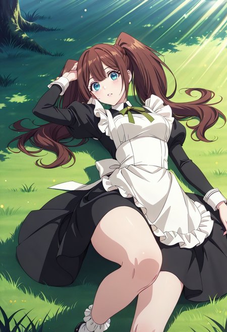 score_9, score_8_up, score_7_up, dynamic view,  solo, looking_at_viewer, 1girl, 
masterpiece, best quality, bokeh, luminescent background,
( maid lena,, brown hair, bangs, hair between eyes, twintails, blue eyes, maid headdress,  medium breasts, , black dress, maid dress, maid apron, white apron,  long sleeves, puffy sleeves, juliet sleeves,  ribbon, socks, white socks, frilled socks, black footwear, 
 , )
looking_at_viewer, 1girl, masterpiece, best quality, bokeh, luminescent background, girl, solo, arm up, blush, looking at viewer, lying, on back, parted lips, grass, sunlight,
