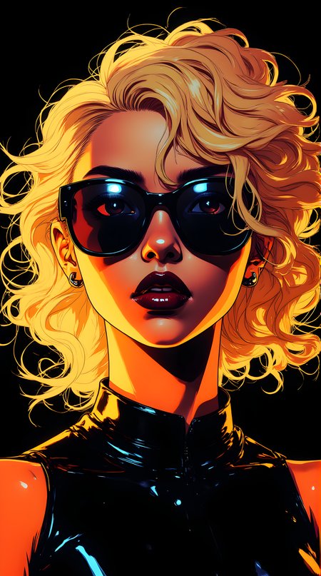 A vibrant and stylized illustration of a woman with voluminous, curly blonde hair. Her hair is styled in a way that it appears to be flowing and full of movement, adding a dynamic element to the composition. She is wearing large, dark sunglasses that cover her eyes, giving her a mysterious and cool demeanor.
Her lips are painted a bold, glossy red, which stands out against the lighter tones of her skin and hair. The lighting in the image is dramatic, with a strong light source highlighting the contours of her face and hair, creating a sense of depth and dimension.
She is dressed in a black outfit, which appears to be made of a shiny, possibly leather-like material. The high collar of her top adds to the overall edgy and modern aesthetic of the image. The background is dark, which makes the subject stand out even more prominently.
The overall style of the illustration is bold and contemporary, with a focus on sharp lines, vivid colors, and expressive details. The use of light and shadow creates a striking visual effect, making the image both eye-catching and memorable.
j_art, anime, anime art, <lora:FLUX\jul\J_Anime:1.0>, <lora:FLUX\Anime Art V3:0.1>, <lora:FLUX\RM_Artistify_v1.0M:0.1>, <lora:FLUX\RetroAnimeS1.1:0.1>