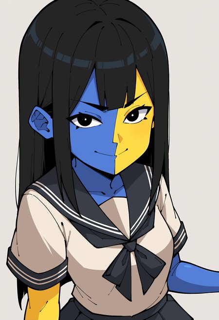 score_9, score_8_up, score_8, source_anime, 1girl, <lora:Ena:0.85> (solo), colored skin, black hair, yellow skin, blue skin, black eyes, seifuku, sailor outfit, looking at viewer, 
simple background,
