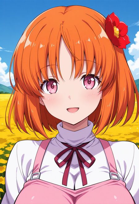 suzumori_mia, pink eyes, orange hair, short hair, hair flower, neck ribbon, pink dress, <lora:Abaddon_suzumori_mia_illustrious_ver1:0.8> 
smile,, masterpiece, best quality, general,, (upper body:1.2), (close-up:1.2), (facing viewer:1.2), (open eyes:1.4), (portrait:1.2), 1girl, solo, (field:1.2), (blue sky:1.2), looking at viewer,