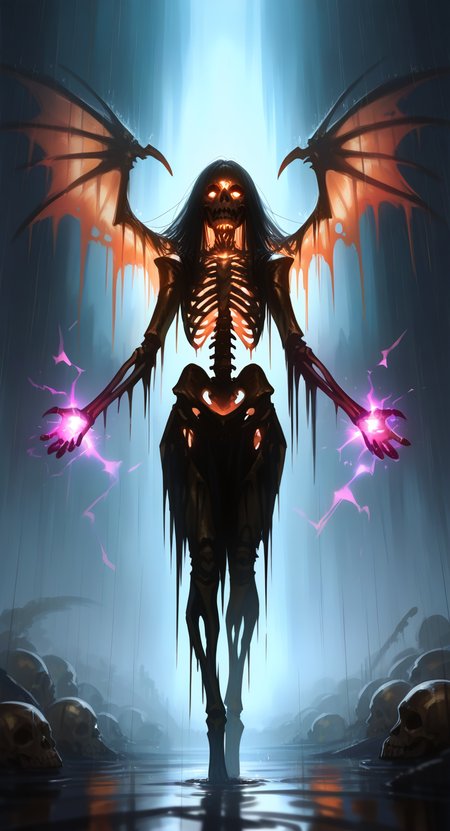 masterpiece, best quality, Good quality, very aesthetic, absurdres, newest, 1girl, girl_focus, Giant bone wings, no_humans,glowing, glowing_eyes, monster, skull, electricity, aura, ribs, skeleton, energy, long_hair, standing, full_body, wet, outstretched_arms, rain, spread_arms, tiptoes,
lower body is wearing the golden armor of the god of war <lora:ponyv5_noobV065S_1_adamW-000013:0.8> <lora:USNR_STYLE_XL_lokr:0.7>