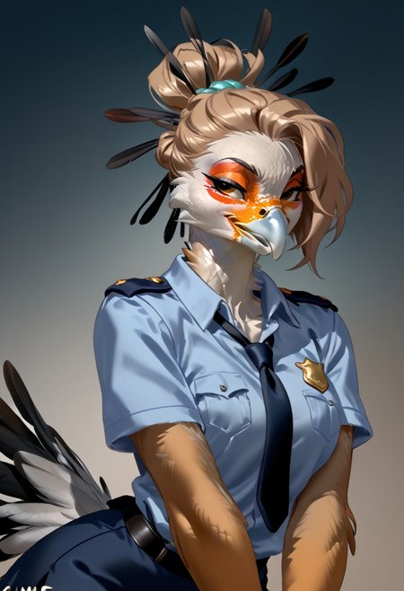score_9, score_8_up, score_7_up, (by zummeng:1.5), (by jailbird:1.5), (by kittydee:1.5), masterpiece, best quality, (solo),  
(Furry Art : Anthro: secretary bird:1.5), 1girl, expressive eyes, feminine eyes, perfect face, feminine face, (light brown hair:1.5), (updo hair:1.5), feminine body, medium breasts, bird of prey, orange face markings around eyes, multicolored body, white feathers, black feathers, grey feathers, black thigh feathers, long legs, long head feathers, (police uniform:1.5), (police skirt), (grey eyes), (humanoid hands)