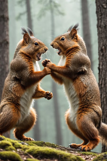 by Mikko Lagerstedt and Milos Nejezchleb,  <lora:EnvySeedPaintXL02:1.00> ,   action shot, fighting, fantasy, gigantic squirrels, bosstyle <lora:boss_battles:0.55>