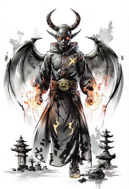 ink and brushstroke dismrt style of a full body figure of (Bbr!ck) with oni horns and bat wings, spectral outline with tangible accessories, lighting x's for eyes, standing on the grounds of a traditional Japanese Shinto shrine, flames surrounding his fists