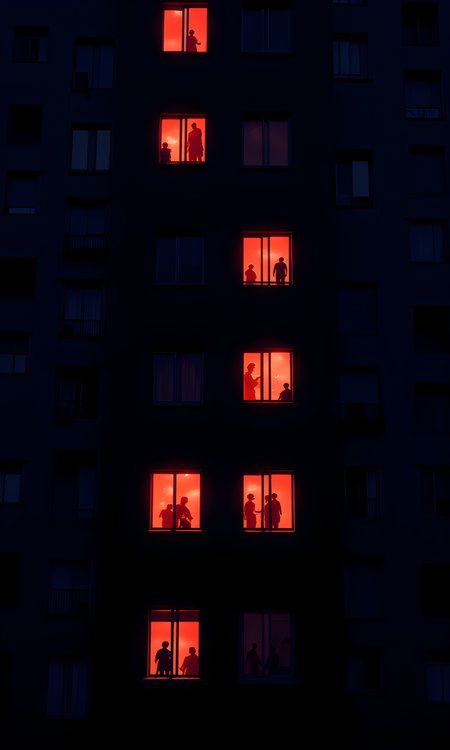 The subject of the image is a high-rise apartment building at night. The focus is on a specific section of the building where several windows are illuminated with a warm, reddish-orange light. These lit windows stand out against the darker, unlit sections of the building, creating a striking visual contrast.
There are no facial expressions visible in this image as it does not feature any individuals up close. However, the silhouettes of people can be seen within some of the lit windows, suggesting activity and life within the building.
The people visible through the lit windows appear to be engaged in various activities. Some are standing or moving around, while others seem to be sitting or interacting with each other. Their poses suggest a sense of normalcy and routine within the confines of their homes.
The clothing of the individuals inside the building is not clearly visible due to the distance and the lighting. However, the silhouettes suggest that they are dressed in casual, everyday attire suitable for being at home.
The camera is positioned at a distance, capturing the entire facade of the building. The angle is slightly tilted, which adds a dynamic element to the composition. The framing focuses on the central section of the building where the lit windows are most prominent, drawing attention to the activity within.
The lighting in the image is predominantly dark, with the exception of the warm, reddish-orange light emanating from the lit windows. This light creates strong contrasts between the illuminated areas and the shadows, adding depth and texture to the scene. The interplay of light and shadow enhances the overall mood and atmosphere of the image.
The background consists of the rest of the apartment building, which is mostly dark and unlit. The uniformity of the building's architecture, with its rows of windows and balconies, provides a structured and repetitive backdrop. The few lit windows break this uniformity, creating points of interest and drawing the viewer's eye.
The composition is centered around the lit windows, which form a vertical line running down the center of the building. This vertical line is balanced by the horizontal lines of the building's architecture, creating a sense of order and symmetry. The contrast between the warm, inviting light of the windows and the cool, dark tones of the surrounding building adds a layer of visual interest and emotional depth. The overall effect is a compelling and thought-provoking image that captures a moment of life within an urban environment.
BREAK j_art, anime, anime art, <lora:FLUX\Anime Art V3:0.1>, <lora:FLUX\jul\J_Anime:1.0>