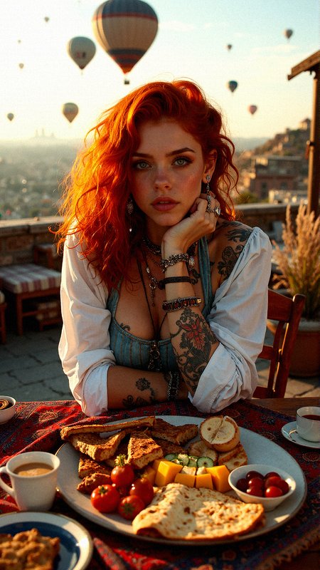 Upper body focus, woman with striking, fiery red hair sits on a bohemian rooftop terrace at dawn. Her soft, loose curls frame her freckled face as her calm, piercing blue eyes gaze wistfully into the distance. She’s dressed in a layered outfit—a crisp white blouse over a pale blue corset top—paired with intricate necklaces and large hoop earrings that glint in the morning sunlight. Around her, a sumptuous Turkish breakfast is spread on a low round table adorned with patterned textiles and rich colors. In the background, hot air balloons drift gracefully across the golden sky, enhancing the dreamlike, tranquil atmosphere.Leaning on Elbows: Sitting forward on the table with her chin resting on her hands.
















