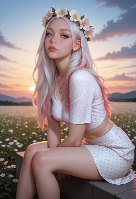 HDR, 8K, high contrast, depth of field, focused subject, dynamic angle, dynamic pose, best quality, detailed eyes, perfect eyes, realistic eyes, white hair, long hair, pink highlights, blue eyes, ((full lips)), (black eyeliner), (mascara), makeup, slim body, slim legs, necklace, (floral crown), small ass, small breast, realistic breast, (white shirt), (polka-dot_shirt), (white skirt), (polka-dot_skirt), BREAK, sitting, leaning forward slightly, front view, looking at viewer, movie perspective, sunset, clouds, white floral field, dynamic light<lora:MoriiMee_Gothic_Niji_Style_Illustrious_r1:0.7> artist:moriimee, (artist:Tsuaii:0.5),