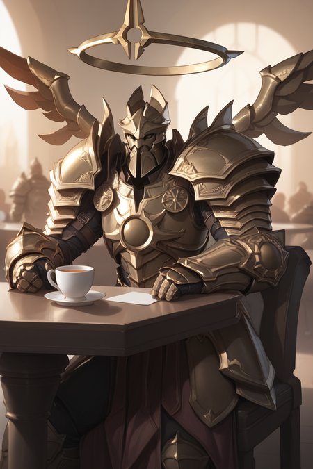 score_9, score_8_up, score_7_up, masterpiece, high quality, BREAK
 <lora:ImperiusPonyLoRA:1>imprius, helmet, pauldrons, halo, angel, breastplate, gauntlets, skirt, faulds, wings, sitting in a cafe holding a cup of tea