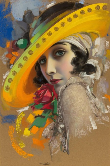 rolfarmstrong1 illustration. 
A woman, shown in side profile, is wearing a wide-brimmed yellow hat with small circular details and a lace-adorned garment with floral patterns. A striking red rose is near her shoulder. She has a melancholic or bored expression and is turning her head slightly to look at the viewer. The background is a mix of abstract shapes and colors, including shades of blue, green, and orange. <lora:rolfarmstrong1_cap_d8a4:1.0><lora:862564810674414669:0>