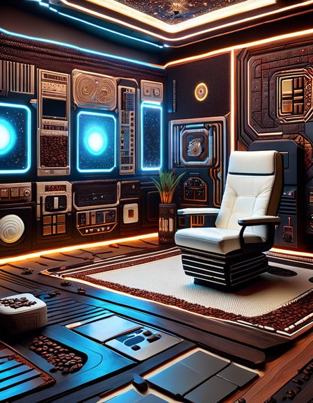 ((best quality)), ((masterpiece)), ((realistic,digital art)), (hyper detailed),DonMC0ff33Ch0c, Holodeck-style Simulation Room, Mind-reading Device,Shampoo and Conditioner,Pillows,Chair,Advanced Control Panels, Engineered Wood Flooring,Warp Interlock tapestry, Fire Torch or Tiki Torch, Strip Lights (LED strips), cyberpunk, sci-fi, organic, irregular shapes , <lora:DonMC0ff33Ch0c_XL-000009:1.0>