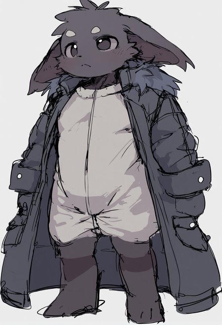 masterpiece, hyper detailed, best quality,(furry:1.3),1boy, solo, male focus, white background, simple background, standing, sketch, jacket, full body  ,<lora:DAGASIXLlokr8f-000188:0.95>