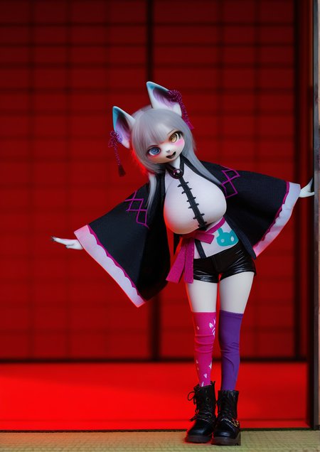 <lora:DOLL_ZONE_furry:1>,1girl, huge breasts, cat girl, cat ears, ya cat ears, Ya Cat, bangs, grey hair, furry female, white skin, heterochromia,Ya Cat clothing, boots, black footwear, wide sleeves, thighhighs, shorts, asymmetrical legwear, happy, leaning to the side, looking at viewer, open mouth, smile, solo,ryokan,shoji,sliding doors,tatami, very awa, masterpiece, best quality, newest, highres, absurdes,amazing quality