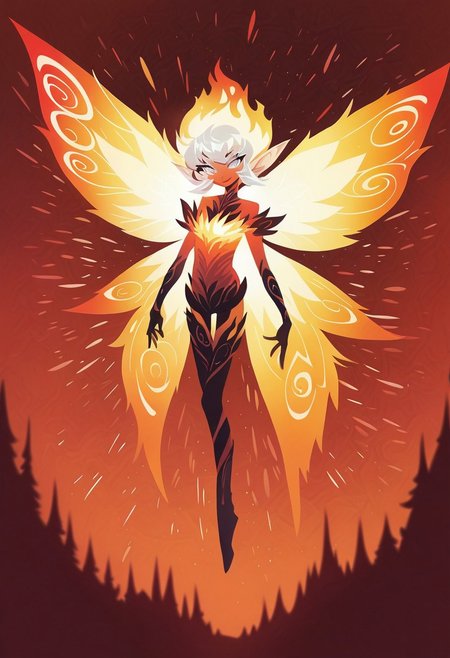 score_9, score_8_up, score_7_up, TKMND, Anime Style, Full Body Shot, neon, red theme, orange theme, fire fairy, cute, seductive, light smile:0.3, plump lips, slender body, french bob copper hair, silver eyes, intricate, big detailed flaming wings, symmetrical wings, chromatic aberration, colorful, bright colors, moonlight passing through hair, enchanted forest background, detailed background,depth of field, dynamic angle, fashion photography, sharp, hyperdetailed:1.15