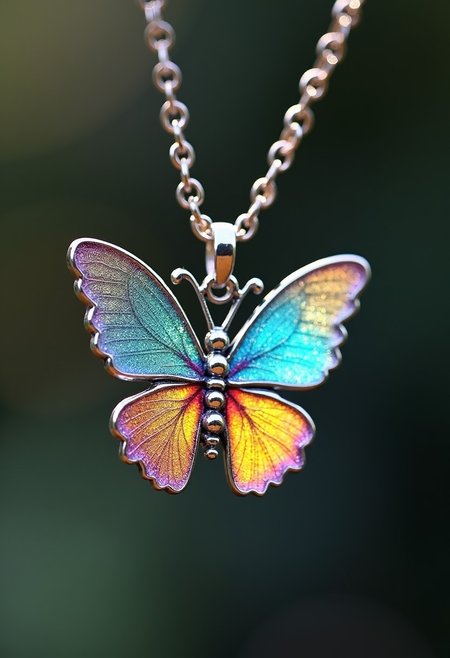 A diminute, very small radiant silver metallic butterfly necklace, adorned with sparkling wings (vibrant rainbow hues). The necklace floats in the air, as if worn by someone invisible, creating an almost magical aura.