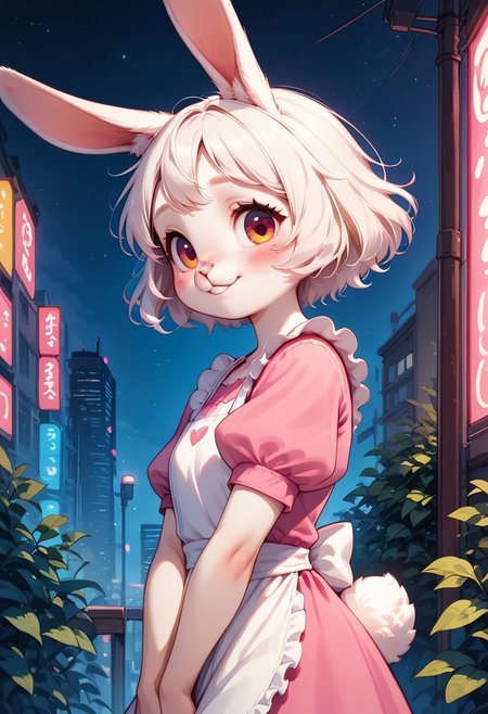 score_9, score_8_up, score_7_up, 1girl, solo, anthro, female, bunny, cute, young, bunny ears, white fur, short hair, white hair, pink nose, pink dress, short sleeves, puffy sleeves, white apron, solo, standing, hands between legs, looking at viewer, shy, smile, blush, outdoors, city, night, neon lights, cowboy shot, upper body, side view, closeup, from below,