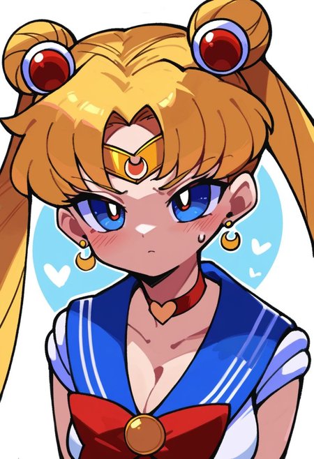 score_9, score_8_up, score_7_up, source_anime, sailor moon redraw challenge (meme), 1girl, sailor senshi uniform, tsukino usagi, twintails, blue sailor collar, red choker, upper body, hair over shoulder, jewelry, crescent earrings, heart choker, circlet, cleavage, parted bangs, sweatdrop, hair bun, breasts, diadem, collarbone, hair ornament, red bow