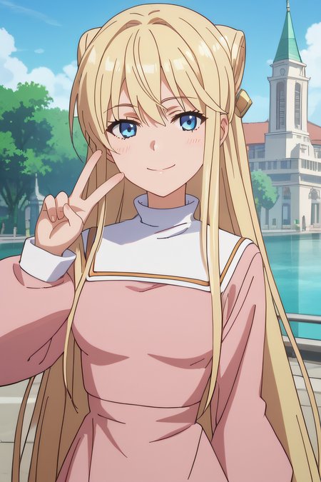 score_9, score_8_up, score_7_up, source_anime, rating_safe, intricate details, anime screencap, official style, 1girl, solo, <lora:Laura_Stuart:1>, laura, blonde hair, blue eyes, very long hair, pink dress, long sleeves, looking at viewer, five fingers, outdoor, peace sign, smile, naughty face