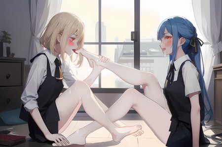 <lora:ç»è-zç»èmore_details:0.1>,<lora:ç»è-zæ·»å ç¼çç»è:0.1>,bare legs,bare foot,2GIRLS,(yuri:1),PIXIV,looking_at_another,facing another,
masterpiece,best quality,absurdres,
skinny face,miniskirt,
ADDCOMM,
wariza,upright sitting on bed,holding another's foot,sucking toes,licking foot,raise arms,
misumi uika,elder sister,purple eyes,<lora:char-mygoä¸è§åè¯ Misumi Uika (Bang dream! Ave Mujica):0.7:lbw=1,0,0,0,0,0,0,0,1,1,0,0,0,0,0,0,0>,bright blonde hair,shoulder length hair,short hair,
white shirt,short sleeves,brown_skirt,white ascot,
ADDCOL,
on back,leg up,
<lora:char-mujicaç¥¥å­:0.7:lbw=1,0,0,0,0,1,1,0,1,1,1,0,0,0,0,0,0>,blue hair,blonde_eyes,bare legs,
togawa sakikobraid,black neck ribbon,white collared shirt,buttons,frilled shirt,miniskirt,Shawl hair,flat chest,
ADDROW,
ADDCOL,