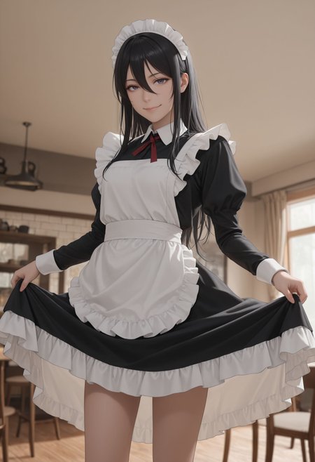 masterpiece, best quality, newest, (realistic:0.5), solo, looking at viewer,
 <lora:Seike Taroumarui Illu :1> 1girl, black hair, long hair, hair between eyes,  
 indoors,cafe,(maid:1.4),maid headdress,apron,(skirt hold:1.2),standing,cowboy shot,smile,