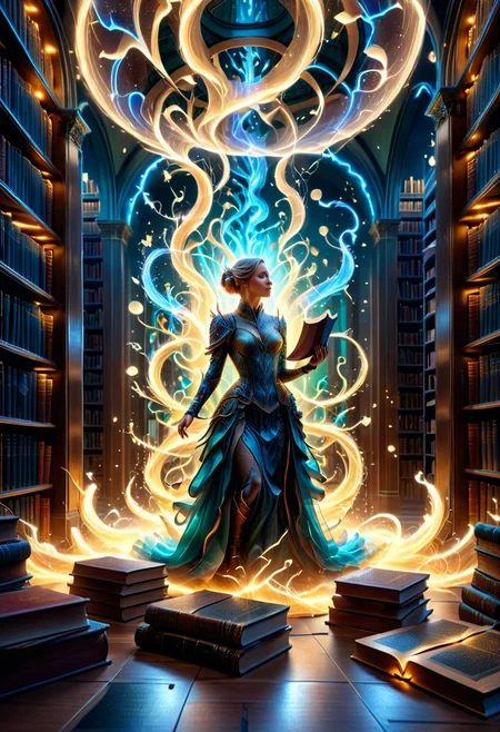 high quality, ultra detailed, abstract, fantasy, photo realistic, 4k, Fantastic lighting. Detailed shadows. intricate details, hyper-detailed, ultra-sharp, 8k , HDR+, 
3l3ctr0 A librarian sorting books that shuffle themselves subtly when not watched ,
 <lora:3l3ctr0-SDXL:0.85>