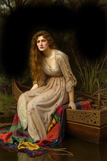 johncollier1 painting.
jwwaterhouse1. A young woman seated on top of a colorful blanket inside a small ornate wooden boat. There are some reeds beside the boat. She wears a flowing, pale gown adorned with delicate floral patterns, her long, loose hair cascading around her shoulders. Her face is melancholic. There is a forest in the background.  <lora:johncollier1_cap_d8a4e12:1.0><lora:850620124372198352:0>