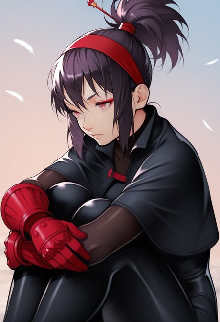 yoshio55, outdoors, undershirt, falling feathers, black bodysuit, hair stick, hugging own legs, , gauntlets,   eyeshadow,  , gradient background, red gloves,  high ponytail,  , black capelet, red hairband, pink eyes