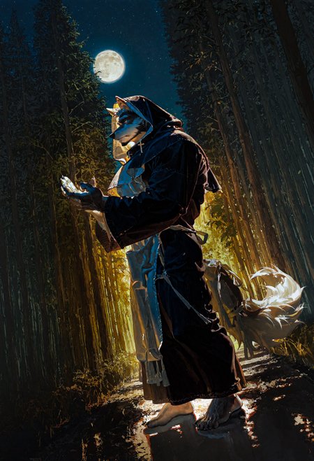 male, solo,anthro furry,wolf,dim lighting, kemono,intense sensation, masterpiece, best quality,  newest, highres,4k, score_9, score_8_up, score_7_up, mature, male focus, male,Stand up straight,thick eyebrows, facial hair, stubble,hands,High quality eyes painting,5 fingers,Upright standing posture,solo, muscular, very big muscles, muscular male,visible veins,mature,Strong thighs,focus on role,5 fingers,bare feet,simple background,Clear and distinct lines,Crisp and clear images,5 toes,big head,Uncle furry Character,Reasonable and correct foot shape,5 fingers only,full body picture,Large pecs,barefoot,fabric texture,night,sideways,abstractionism, brush stroke, traditional media,moon,outdoors, mountain,landscape, forest,night sky,nude,volumetric shadows, reflections,(ciloranko:0.3), suzumi \(ccroquette\), (ask \(askzy\):0.6),wolf tail,white fur,long earrings,Compassionate expression,cross earrings,pray,nun uniformRobe Hood,habit,apron,