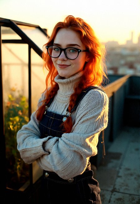 Portrait of a stunning 18-year-old woman with ginger hair, bright aqua eyes, subtle freckles, thick eyebrows, and trendy glasses giving her a nerdy appearance.A delicate chain attached to her glasses, allowing them to hang around her neck when not in use.

A roll-neck sweater layered under a pinafore dress, paired with tights and lace-up boots for a retro nerdy look.


A small, glass greenhouse filled with plants is situated on one side of the rooftop. The setting sun casts a warm glow through the glass, creating a serene, nature-meets-city atmosphere.

Arms crossed, leaning back slightly with a casual but confident smile, as if surveying the scene.






