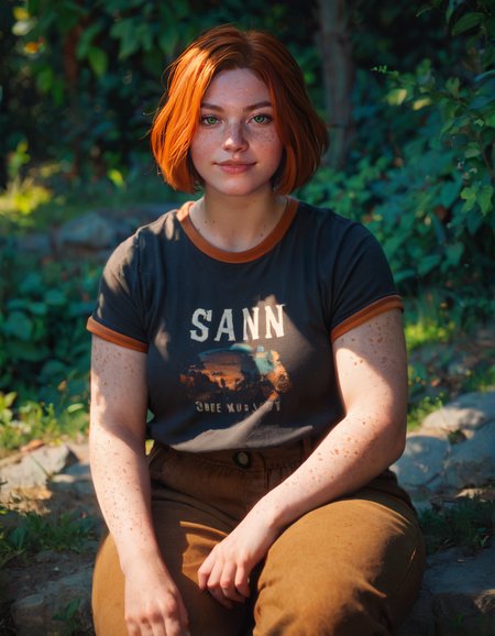 score_9, score_8_up, score_7_up, <lora:swann_v1-000015:0.7>, swann, 1girl, orange hair, short hair, green eyes, freckles, body freckles, plump, t-shirt, brown pants, standing, facing viewer, looking at viewer, outdoors, sitting, depth of field, cinematic lighting, <lora:StS_PonyXL_Detail_Slider_v1.4_iteration_3:3>