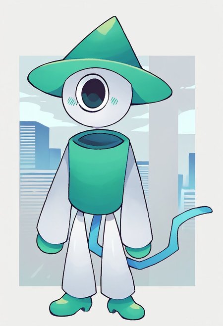 score_9,score_8_up,score_7_up, score_6_up, source_cartoon, procyart, Cartoon, lineless, no outlines, BREAK, 2d, 2d art, beautiful, masterpiece, (cartoon), round head, bright colors, solo, witch hat, 1boy, green shirt, long sleeves, white sleeves, white pants, bald, no hair, white skin, colored skin, green hands, green shoes, green hat, one eye, cyclops, black eye, one-eyed, no mouth, mouthless, only one eye, green hat, hat, blush stickers, cowboy shot, city, background, black floor, grey walls, standing, tall male, tall, blue tail, tail, wavy tail,