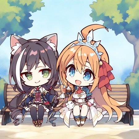 (masterpiece, best quality, highres, absurdres, very detailed, very aesthetic:1.22), (detailed eyes), chibi, pecorine \(princess connect!\), karyl \(princess connect!\), 2girls, :d, full body, holding hands, detailed scenery, park bench,  <lora:komowata_haruka_ct15v_1-03:1>