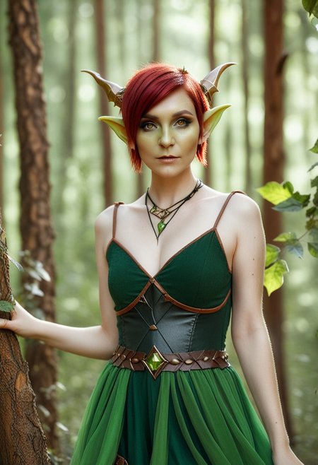 depth of field, fantasy photoshoot, photo, professional photoshoot,
1girl, goblin, pointy ears, short, green skin, themes of gold and leather,
short hair, dress, jewelry, red hair,
summer forest, branches in foreground, blurry foreground, trees in background,
realistic, blurry