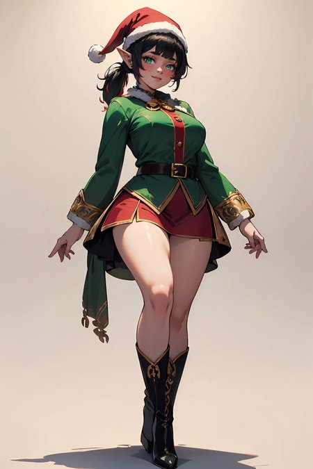 (masterpiece, best quality, highres, high resolution:1.2), extremely detailed, intricate details, 1girl, solo, looking at viewer, clamEmma, <lora:clamEmma:0.6>, (simple background, white background:1.2), full body, santa's elf, green outfit, stocking cap, high heel boots, smile, side-swept bangs, black hair, pink IncursioDipDyedHair, messy mid ponytail, green eyes, thick eyebrows, freckles, <lora:DipDyedHair:0.8>, <lora:weight_slider_v2:0.25>, (cinematic lighting, bloom, volumetric)