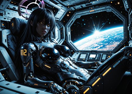 cyborg 1girl, angular, science fiction, futuristic, scenery, (karin \(blue archive\):1.0), sitting in space station, parted lips, mechanical torso, looking at viewer, black hair, yellow eyes, hair between eyes, dark skin, long hair, purple halo, creative angle, head tilt, (dutch angle, dynamic pose:0.9) BREAK masterpiece, best quality, absurdres, HDR, 8K, high contrast, film grain, cinematic lighting, realistic, depth of field, bokeh, neon trim, newest, aidmafluxpro1.1 <lora:- iLL - the_edgy_mech_V3.0:0.4> <lora:aidmaFLuxPro1.1-IL-v0.3:0.2> <lora:Hyper Helmets SDXL v1.0:0.5> <lora:CyborgMechExosuit_v1.5:0.7> <lora:ck-Sci-Fi-Concepts-IL-000015:0.15>âââ