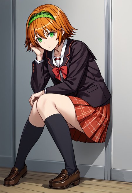 score_9, score_8_up, score_7_up, score_6_up, score_5_up, score_4_up, source_anime, solo, 1girl, 
Madoka Harumi, green eyes, orange hair, brown hair, short hair, green hairband, between eyes,, school uniform, skirt, socks, plaid, plaid skirt, kneehighs, pleated skirt, serafuku, plaid, kneehighs, black socks, jacket, shoes, blazer, red skirt, loafers, 
masterpiece, best quality, very aesthetic, absurdres,