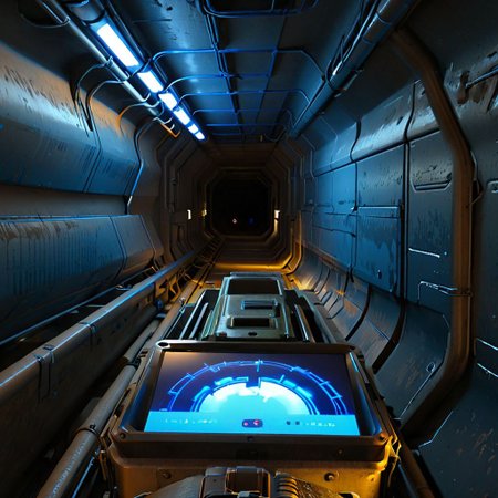 crawling through a metal ductway with a m314mtn blue glow, m314mtn, holding_tracker, holding, pov, trackerscreen