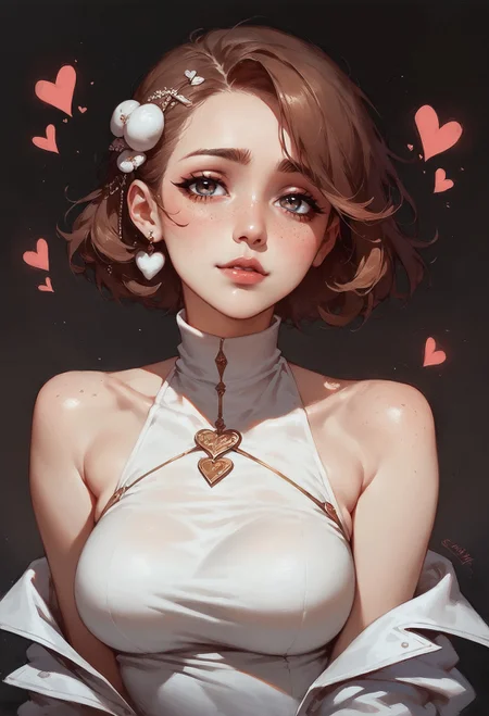 (score_9, score_8_up:1.1), score_7_up,  1girl, solo, expressive, hearts, dynamic, brown hair, short hair, brown eyes, pale skin girl, pale skin, freckles, turtleneck, bare shoulders, blush, white tulip hair ornament, looking_longingly, seductive, sexy_woman, black background  <lora:sdxl/Expressive_H-000001:0.8> <lora:sdxl/pony_twilight_style:0.8>