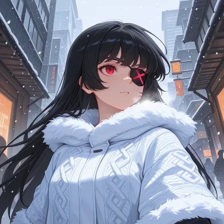 (((amazing quality, best quality, colorful, masterpiece, ultra-HD, intricate textures, deep contrast, soft volumetric fog, Shadow,))), ((8k, uhd)), 
<lora:sk-rosadame_evelyn-v1x1-10:0.8> sk-revelyn, 1girl, black hair, red eyes, solo focus, winter clothes, snowing, looking up, from below, solo focus, city, upper body, eyepatch,