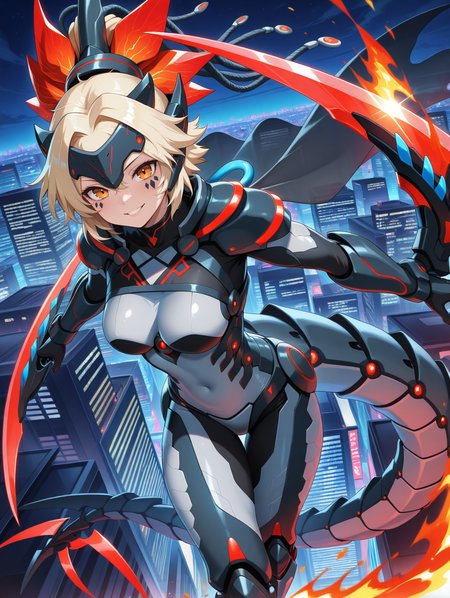 dinomorphia kentregina, 1girl, solo, smile, grey bodysuit, night, looking at viewer, grin, mechanical headgear, city, medium breasts, teeth, skyscraper, cityscape, fire, outdoors, mechanical claw boots, parted lips, mechanical forehead protector, facial mark, red arm blade, mechanical gauntlets, see-through cape, mecha dragon girl
masterpiece,best quality,amazing quality,very aesthetic,absurdres,newest,<lora:Dinomorphia Kentregina illuXL v1:0.7>,