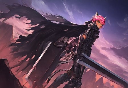 masterpiece, very aesthetic, anime screenshot, 1girl, Pink_PonyXL, DragonSlayerSword-Il.V1.0, black armor, shoulder armor, gauntlets, greaves, bandaged arm, black cape, torn cape, bright pink hair, cat ears, scar on nose, cat bell around neck, tanned, white tiger tail, small breasts, femine body, smiling, making a cute cat face, single fanged tooth showing, standing, looking at viewer, side view, wielding-dragonslayer, huge weapon, sword, holding sword, holding weapon, full body, zoomed in on pink_ponyxl, Dutch angle, cowboy shot 
Break
City of hyrule on fire, at night