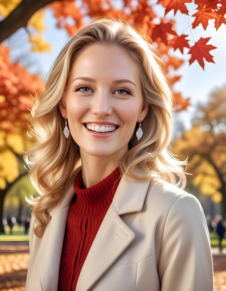 In a vibrant sunlit park, under the canopy of a towering oak tree adorned with autumn leaves, a radiant woman named A5HL3YH is captured in a portrait-style photograph. She wears a stylish long jacket and her cascading blonde hair frames her face as she smiles warmly, revealing pearly white teeth. Her lips are painted a bold red that complements the glittering diamond earrings sparkling against her fair complexion. The background showcases a picturesque landscape of the park with children playing and families strolling, emphasizing the woman's serene and contented mood.