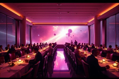 "Visualize the opulent and absurd interior of Milliways, the Restaurant at the End of the Universe. The scene is a vast, geometrically precise dining hall, with tables arranged in perfect rows stretching towards an infinitely receding horizon. The color palette is a rich, almost decadent blend of deep purples, golds, and reds. Diners, a bizarre collection of alien species in outlandish attire, sit in perfect stillness, observing the spectacular destruction of the universe unfolding through enormous, panoramic windows that dominate one wall. The lighting is dramatic and theatrical, highlighting the surreal nature of the event. Focus on the stillness of the diners juxtaposed with the cosmic chaos outside, conveying a sense of detached, almost bored acceptance of the ultimate end. 8k resolution, hyperrealistic rendering, symmetrical composition, rich and decadent color palette, surreal and theatrical lighting, Kubrickian dark humor aesthetic."  <lora:cinematic film IMAX70mm Filmstrip style v1:0.8> cinematic film style, IMAX70mm , filmstrip borderâââ