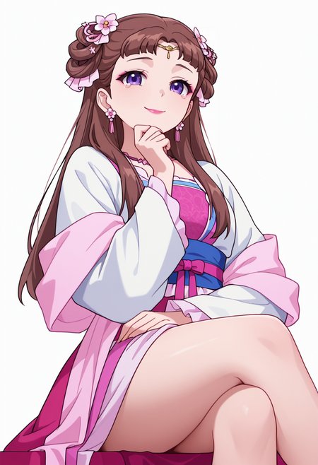 Smooth Quality,masterpiece,very intricate, high quality details, ultra realistic, high detailed skin,detailed enviorement,absurdres,
partially undressed, 
 <lora:Lishu_CNR:0.8> lishu_cnr,brown hair, long hair, purple eyes, makeup, lipstick, lishu_pink_cnr,hanfu, dress, long sleeves, sash, shawl, circlet, flower earrings, necklace,hair flower, hair rings, hair bun,, simple background, white background, from below,
sitting pose, legs crossed, one hand resting on chin, playful smile, relaxed shoulders,  ,tears,