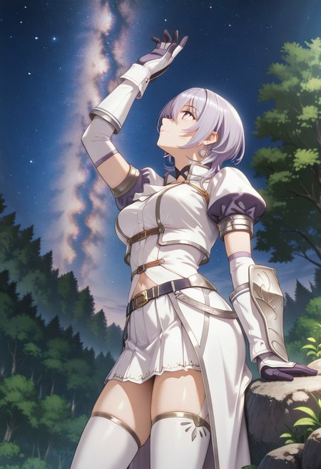 medium depth of field, rule of thirds, masterpiece-level, clean lines, sharp, focused subject, minimalistic composition, masterpiece, amazing quality, best quality, anime screencap, detailed face, detailed eyes, detailed outfit, face focus, 
general,highres, ultra-detailed,very aesthetic,best quality ,best hands, perfect anatomy,detailed,
BREAK 1girl, solo, Philia_Adenauer, Light purple hair,
azure armor,
full azure armor, white shirt, white ascot, white waist cape,
silver hoop earrings, gold arm shield, black choker,
white thighhighs, white cropped jacket, white armored gloves, white miniskirt, white armored boots
from side, from below, cowboy shot,
standing, arm up, happy, light smile, 
Looking up at the sky,
(Forest, woods, trees, rocks, bushes, mountains,
outdoors, night sky, strarry sky, milky way, scenery),