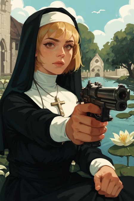 1girl, weapon, nun, gun, freckles, traditional nun, holding weapon, solo, cross, holding gun, outdoors, habit, holding, blonde hair, aiming, flower, brown eyes, tree, necklace, dress, handgun, jewelry, short hair, nose, cross necklace, black dress, sky, looking at viewer, , aiming at viewer, , long sleeves, water, sitting, breasts, closed mouth, cloud, fingernails, church, building, lily pad, finger on trigger, zPDXL3, detailxl,  Score_PnyReal, (lineless:1.5)