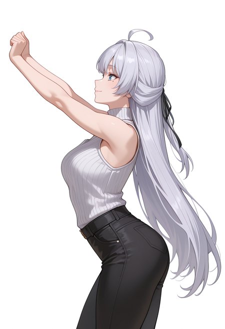 Smooth Quality,masterpiece,very intricate, high quality details, ultra realistic, high detailed skin,detailed enviorement,absurdres,
simple background, white background, 
from side,stretching, arms up, tiptoe, arched back, elegant,  ,happy,
turtle neck, ,zip-up vest,  ,pants,,
 <lora:Crylet_Kureha_cnn:0.8>kurehacnn,1girl,bangs, blue eyes, ahoge, mole,  bare shoulders, grey hair, very long hair,