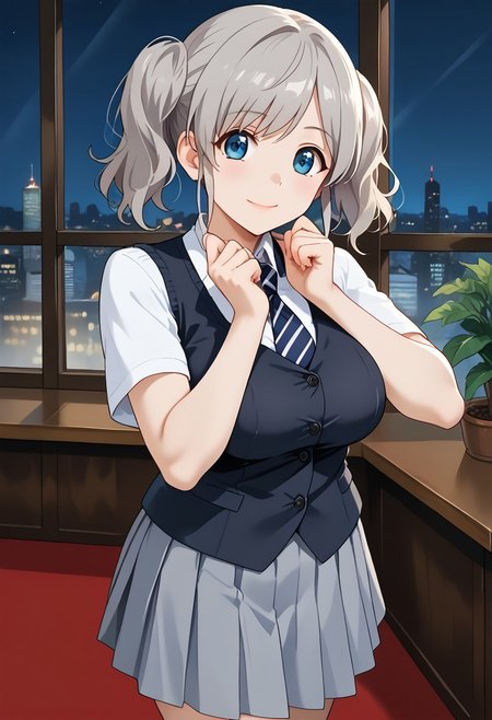 score_9, score_8_up, score_7_up, score_6_up, score_5_up, score_4_up, epic-Ultra-HD-details, epic-Ultra-HD-highlights, 2.5D-upscaled-resolution, source_anime, digital-quality, semi-realism, physically-realistic, lit, cutesie,
afrobullstyle, 
BREAK source_anime, anime, best quality, masterpiece, rating_safe, uncensored, High quality, 8k, Ultra, 
BREAK (4partment,indoors, window, scenery, cityscape),
BREAK 1girl, akari,grey hair,
ruanyi1014,black jacket,grey skirt,grey vest,pleated skirt,striped necktie,clasp,
BREAK ((cowboy shot)),(standing),(from front),(((from front))),
busty breasts,(((large breasts:1.2))),(thick thighs:1.2),
looking at viewer,smile,erect nipples,
burikko pose, hands up,standing on one leg,smile